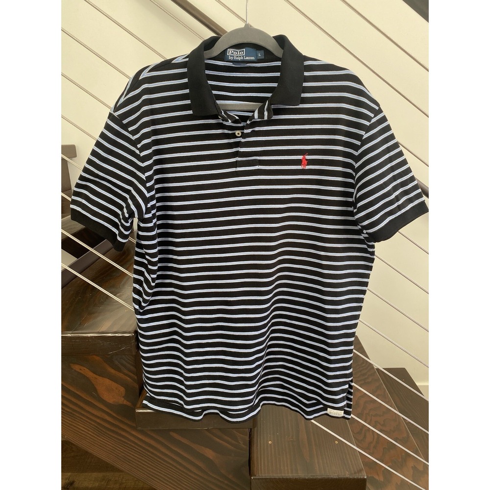 Polo Ralph Lauren Striped Shirt Black Blue Mens Size L Short Sleeve Pony